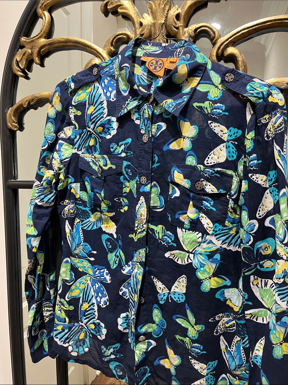 Tory Burch Navy Button-Down Shirt with Blue, Green & Yellow Butterfly Print